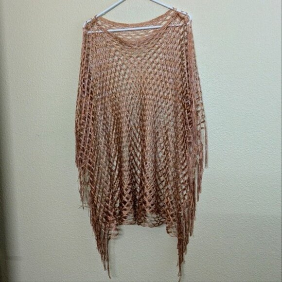 Handmade Boho Open Weave Copper Poncho With Fringed Hem & Shimmering Threads - Picture 1 of 6